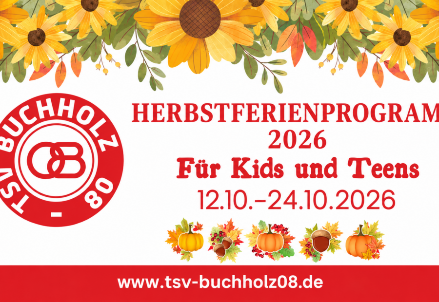 Breites Titelmotiv des TSV Buchholz 08 Herbstferienprogramms 2026 für Kids und Teens